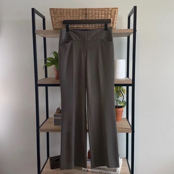 Express Editor Flare Leg Mid-Rise Taupe Brown Woven Career Dress Pant Trouser, 4 - Picture 1 of 7